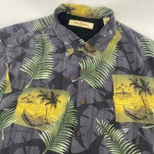 Tommy Bahama Silk Shirt Mens S Gray Yellow Tropical Island Palm Leaf Print